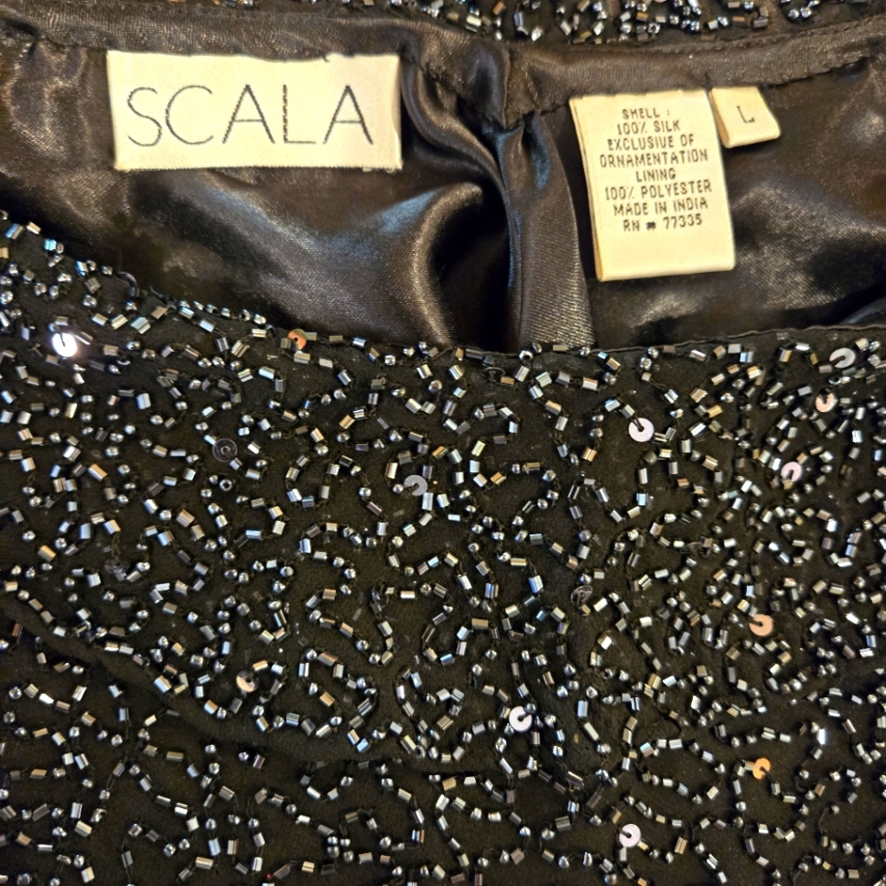 NWOT, Scala Black Beaded Silk Top with Ruffle, Formal, Party, Holiday, Size L - Picture 12 of 16